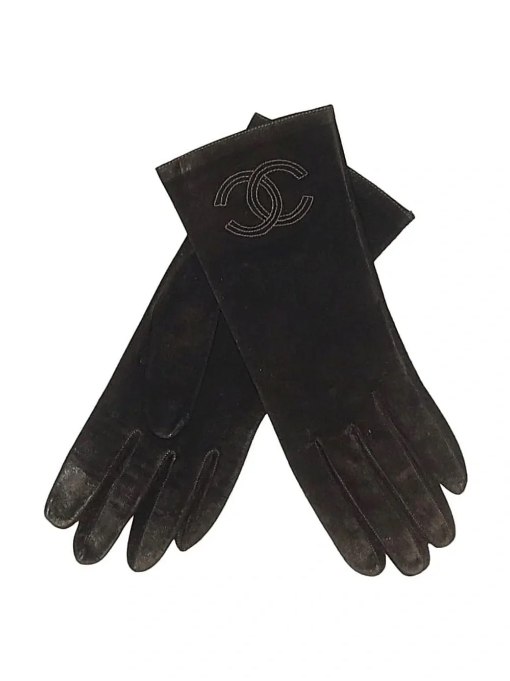 Vintage CHANEL Brown Suede Long Women's Gloves with Embroidered CC